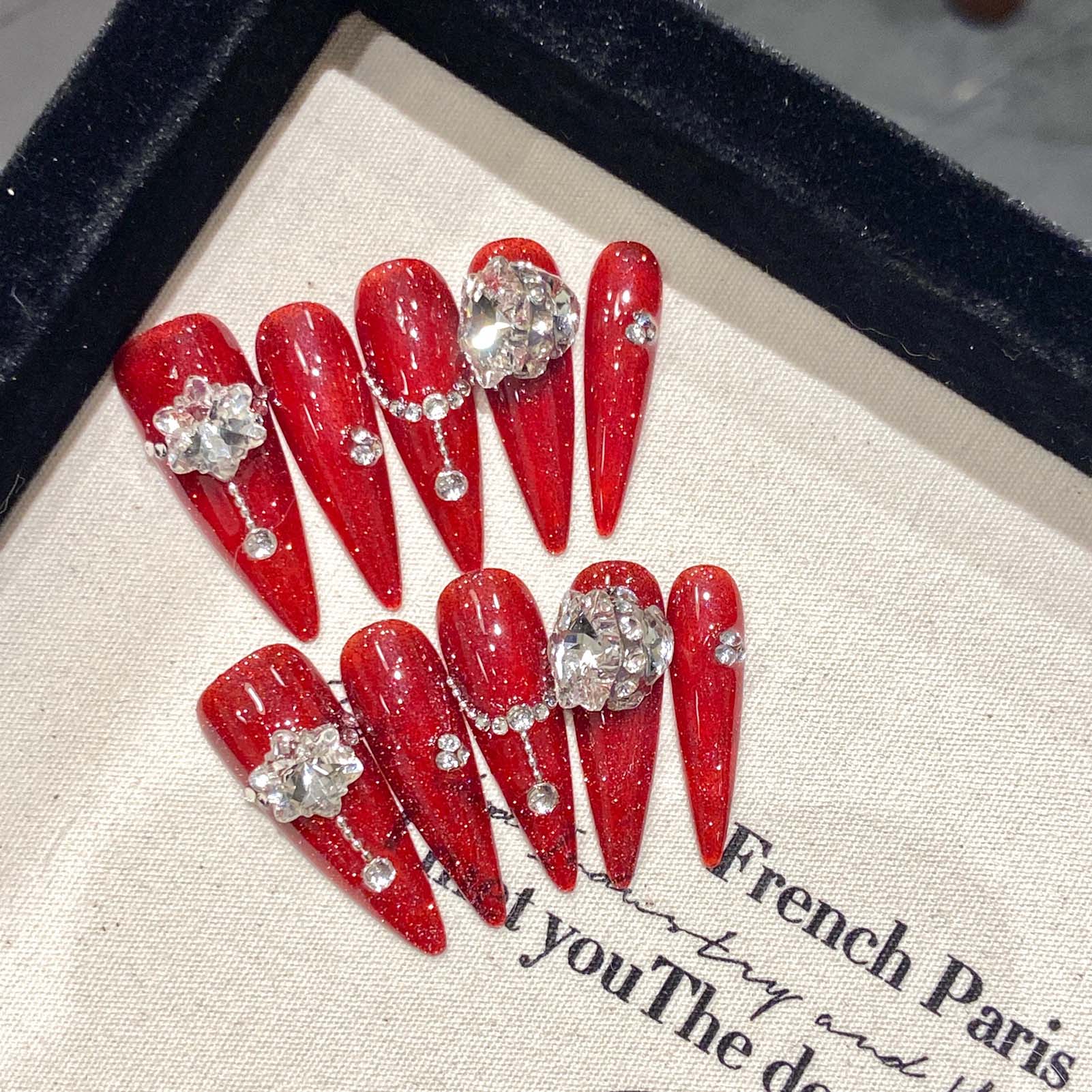 Resin Art Flowers - 10pcs Handmade Red False Nails Long