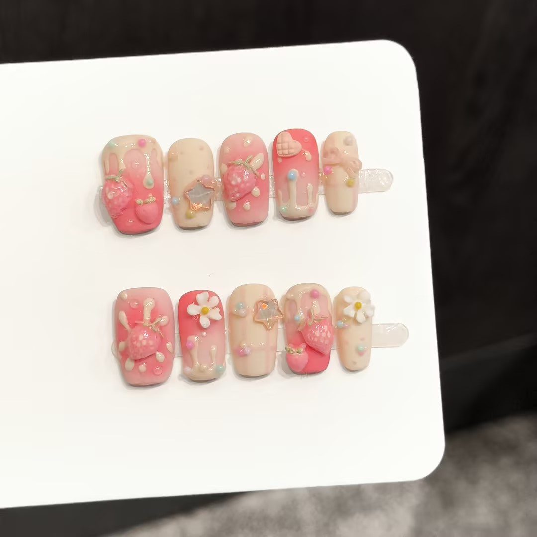 Resin Art Flowers - 10PCS Square Handmade Press On Nails,